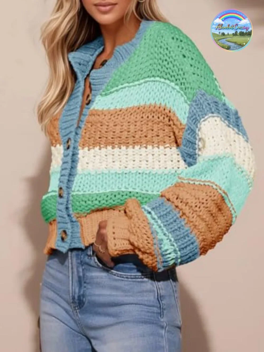 Striped Chunky Cardigan Sweater Button Up Color Block Long Sleeve Knit Coat